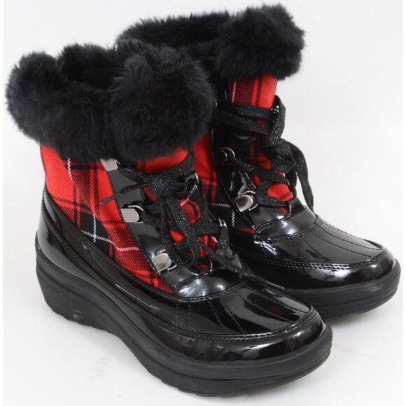 Anne Klein Gayla Red Plaid Faux Fur Mid-Calf Fabric Snow Boot Women's Size 5.5 - Picture 2 of 12